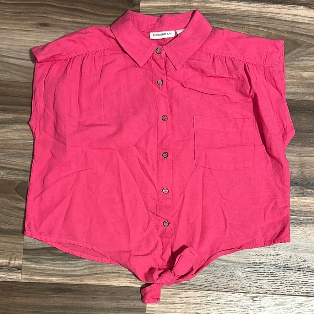 Midnight Sky Womenâs Hot Pink Crop Top Knot Front Button Down Top Small Cotton